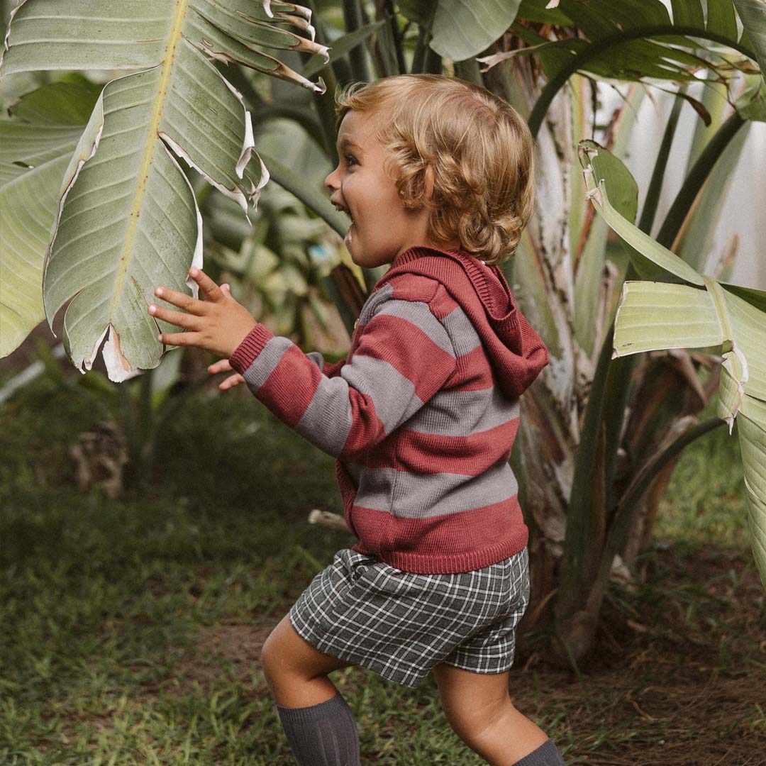Sudadera con capucha de rayas gris y granate para niño y niña